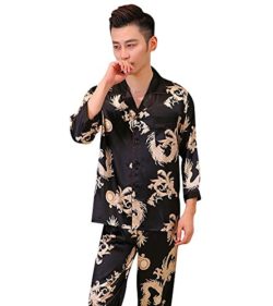 Pajajud Men’s Dragon Print Silk Casual Pajama Pj Sleepwear Set