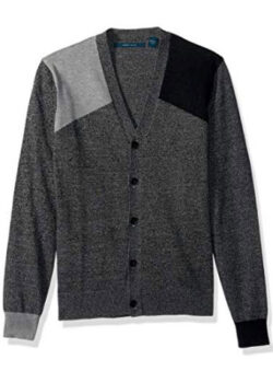 Perry Ellis Men’s Colorblock Cardigan Sweater, black heather