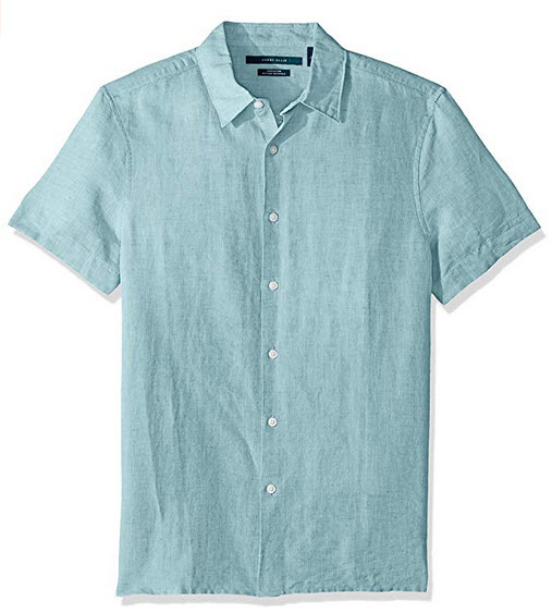 Perry Ellis Men’s Short Sleeve Solid Linen Cotton Button-up Shirt aqua sea