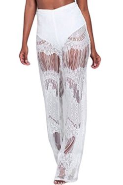 Pink Queen Women’s Sexy See Through Lace Wide Leg Palazzo Pants