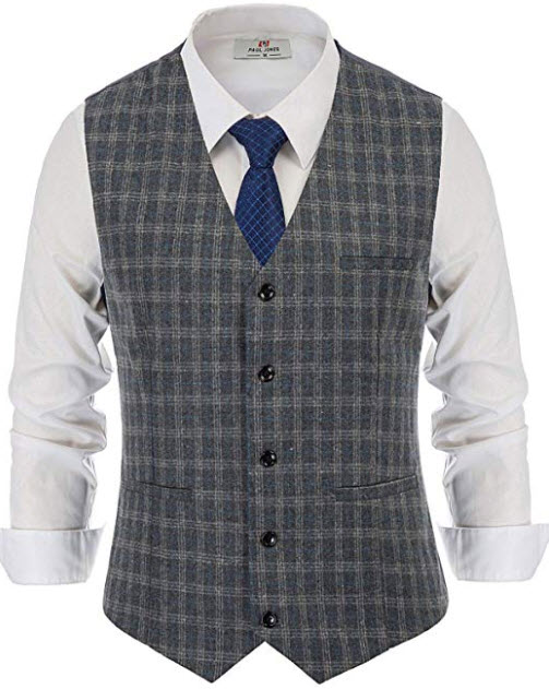 PJ PAUL JONES Men’s Plaid Tweed Suit Vest V-Neck Slim Fit Wool Blend Waistcoat