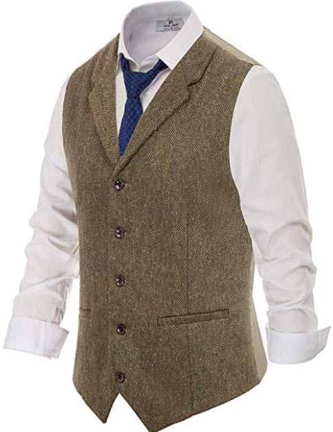 PJ PAUL JONES Men’s Slim Fit Herringbone Tweed Suits Vest Wool Blend Waistcoat