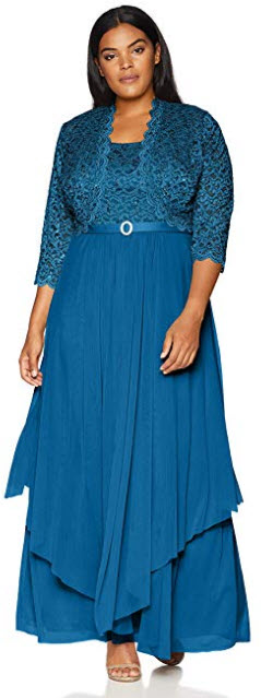 R&M Richards Women’s Size Two Piece Plus Laced Scallop Jacket and Mesh Dress, peacock