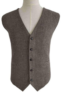 RONGKIM Men’s Brown Wool Herringbone Groom Vest Formal Groom’s Wear Suit for Wedding Waistcoat
