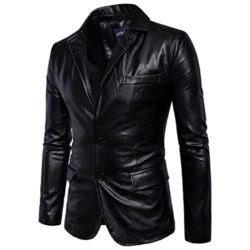 SANKE Men’s Casual PU Faux Leather Jacket Slim Fit Two Button Blazer Jacket
