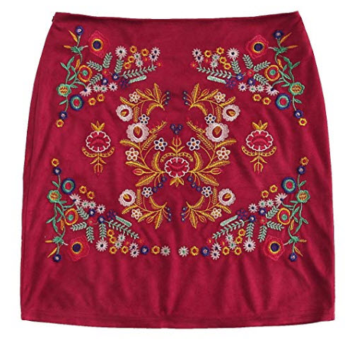 SheIn Women’s Casual Floral Embroidered Bodycon Short Mini Skirt, burgundy faux suede