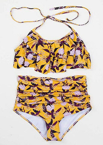 SHENCAI Women’s Vintage Bohemian Ruffled High Waist Bikini Set Chic Swimsuit (FBA) yellow