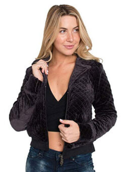 Sweet Vibes Junior Women Black Velour Quilted Zipup Padding Jackets Front Pocket
