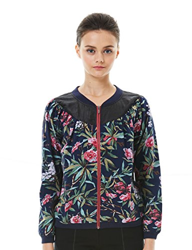 TANGY Women Gambiered Canton Silk Stitching Printing Zip-up Floral Print Bomber Jacket Coat Outwear