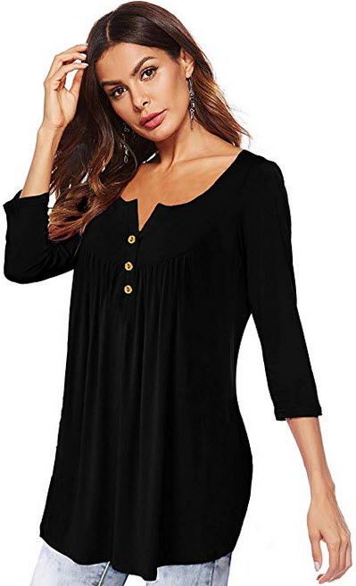 THANTH Womens Shirts Casual Tee V Neck 3/4 Sleeve Button up Loose Fits Tunic Tops Blouses black