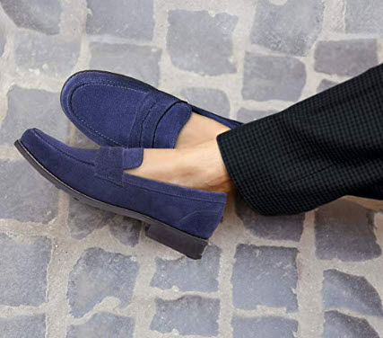 Timberlux New York Blue Suede Penny Loafers for Men, Dress Shoes Goodyear Welted royal blue suede