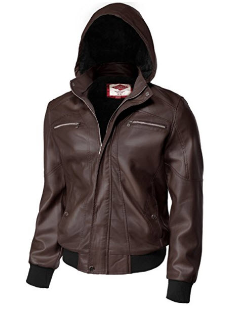 Tonyclo Men’s Removable Hoodie Waist Length Motorcycle Faux Leather Jackets.