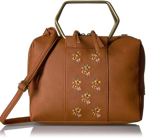 T-Shirt & Jeans Ring Satchel with Embroidered Flowers, cognac