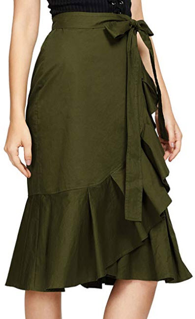Verdusa Women’s Self Tie Flounce Trim Wrap Skirt, army green