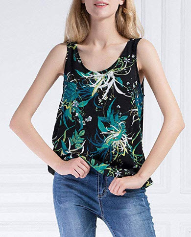 Vero Viva Women’s Floral Print Round Neck Summer Tank Tops Casual Cami Tee Shirt green