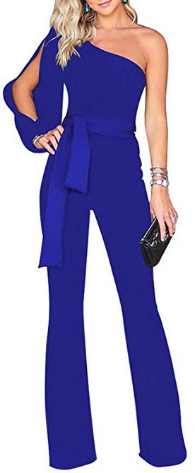 Voghtic Women’s Elegant One Shoulder Long Sleeve Jumpsuits High Waisted Romper with Belt blue