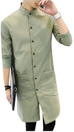 Vska Men Light Weight Casual Business Stand Up Collar Long Trench Coat green