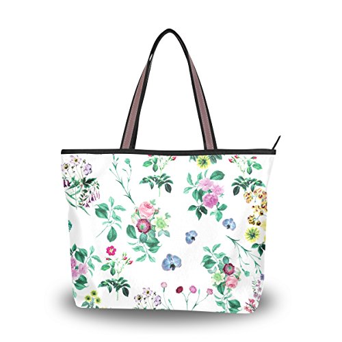 WIHVE Watercolor Rose Floral Cloth Flowers Leaves Women’s Tote Bag Top Handle Satchel Hand ...