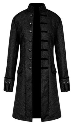 Wofupowga Mens Overcoat Stand Collar Steampunk Retro Jacquard Mid-Long Trenchcoats black