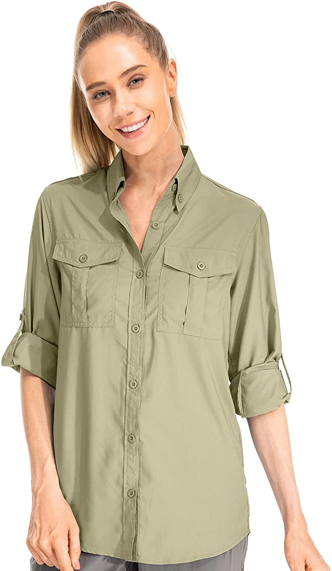 Women’s UPF 50+ UV Sun Protection Safari Shirt, Long Sleeve Outdoor Cool Quick Dry Fishing ...