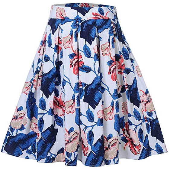 Womens Vintage Floral Print Pleated Flared A-Line Midi Skirt, blue