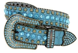 Women’s Western Cowgirl Rhinestone Studded Leather Belt 1-1/2″ Wide (Medium, Blue)