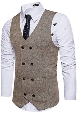 WULFUL Mens Slim Fit Double Breasted Tweed Waistcoat Vintage Gentleman British Suit Vest