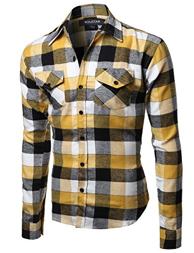 Youstar Men’s Long Sleeve Button Down Chest Pocket Checkered Plaid Flannel Shirt