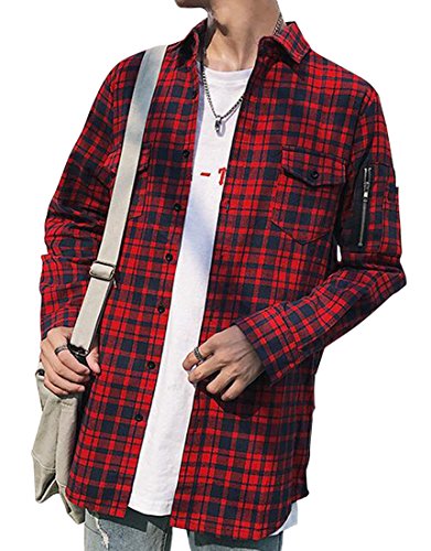 YUNY Mens Plaid Flannel Side Zipper Mid Length Long Sleeve Shirts Jacket