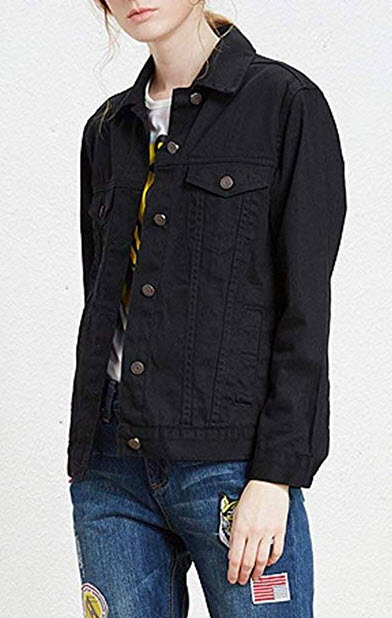 ZLSLZ Womens Basic Long Sleeve Solid Trucker Denim Jean Jackets Coats Outerwear, black